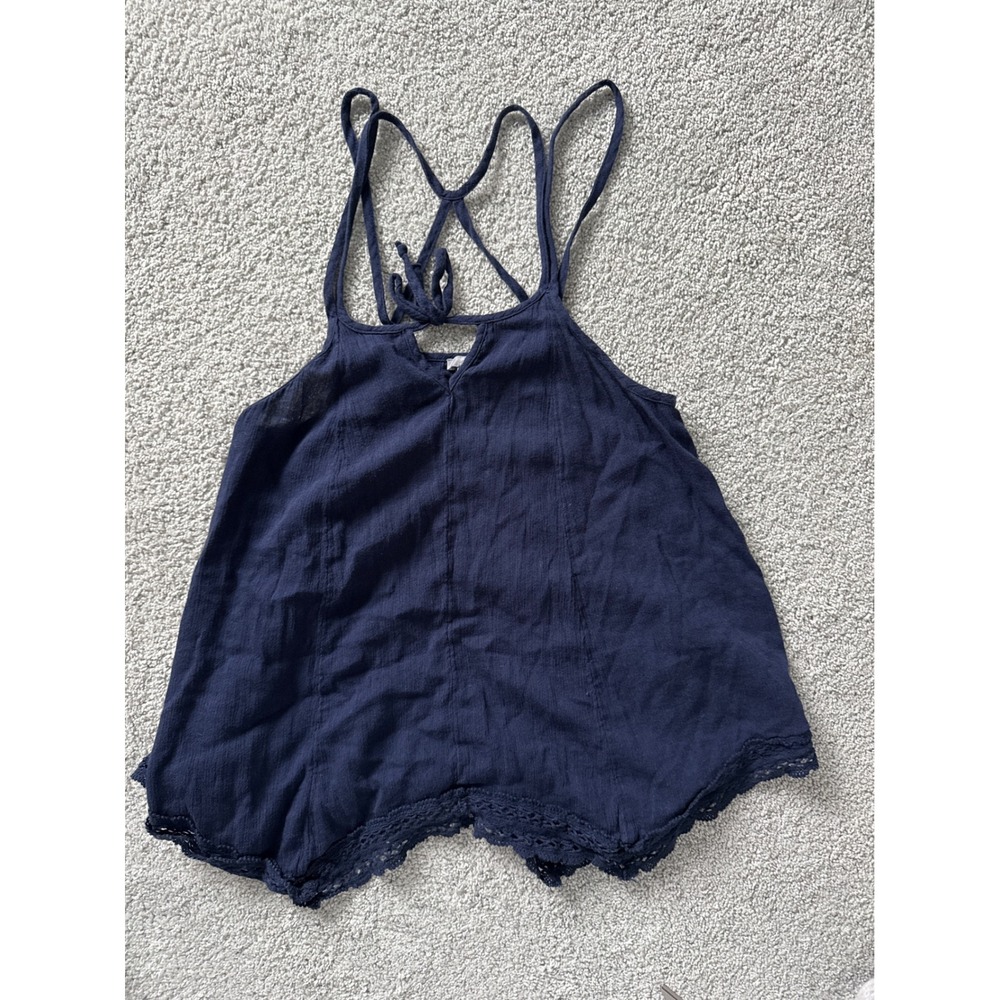 AE Adore Me Navy Blue Lace Trim Cami Tank Top‎ Women's XS Criss Cross Back